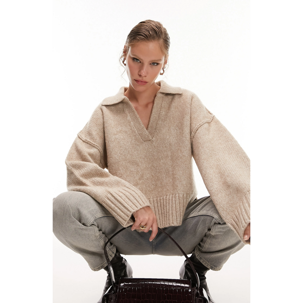 Topshop Crop Sweater in Tan - Picture 1 of 2